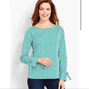 Talbots Poplin Popover Green White Striped Top Sz S